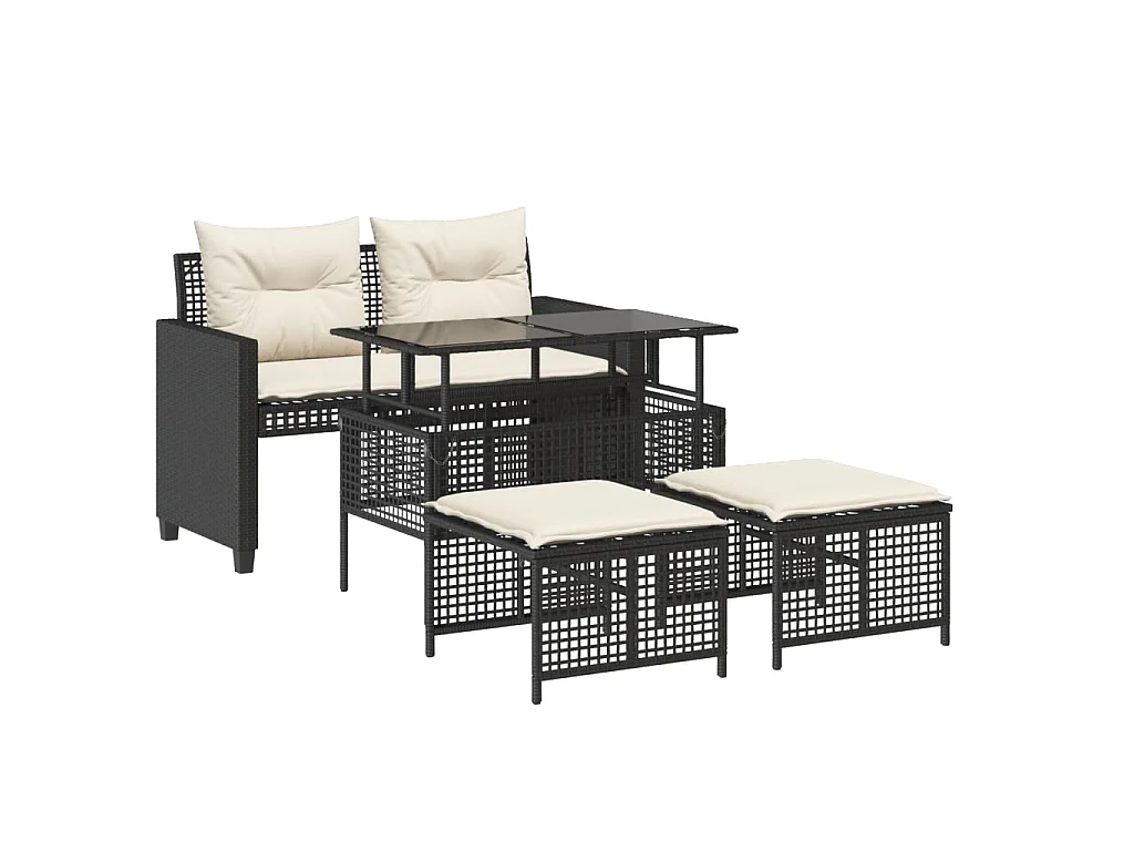4-delige Loungeset met kussens poly rattan en glas zwart