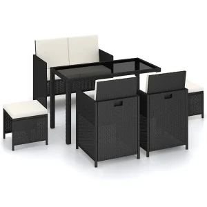 6-delige Tuinset met kussens poly rattan zwart