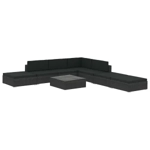 8-delige Loungeset met kussens poly rattan zwart