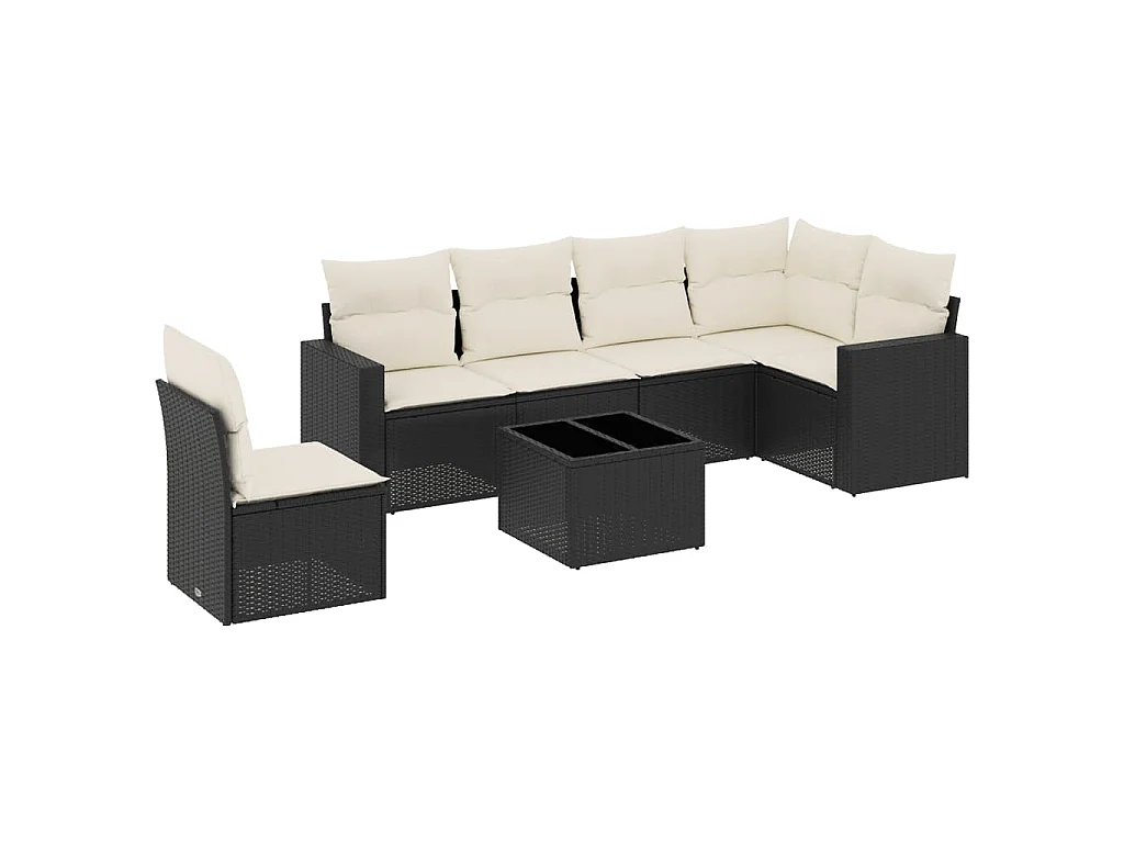 7-delige Loungeset met kussens poly rattan zwart