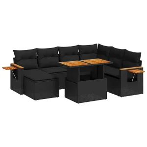 8-delige Loungeset met kussens poly rattan zwart