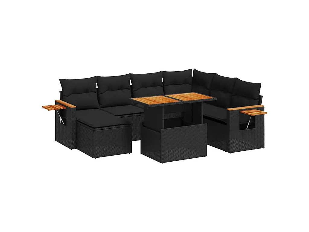 8-delige Loungeset met kussens poly rattan zwart