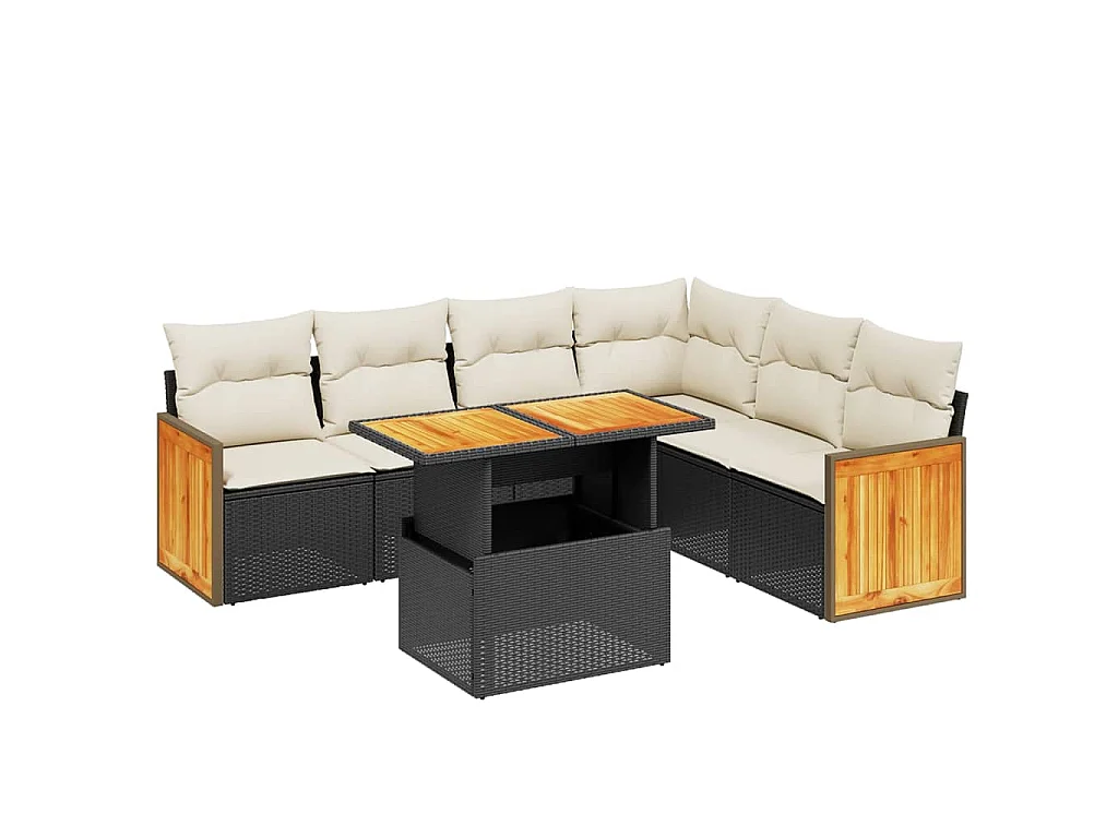 7-delige Loungeset met kussens poly rattan zwart