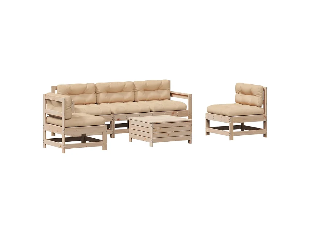 6-delige Loungeset met kussens massief grenenhout