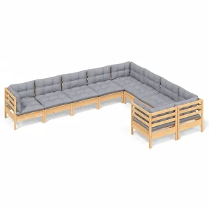 9-delige Loungeset met grijze kussens grenenhout 9-delige Loungeset met grijze kussens grenenhout