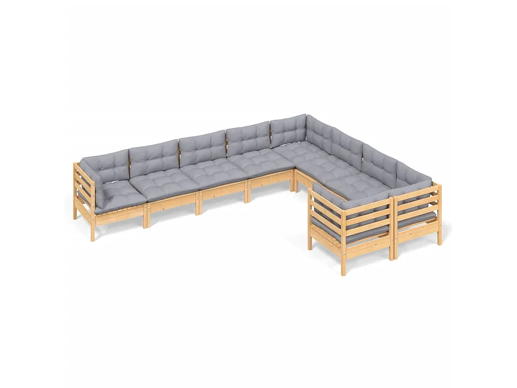 9-delige Loungeset met grijze kussens grenenhout