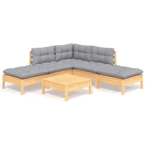 6-delige Loungeset met grijze kussens grenenhout 6-delige Loungeset met grijze kussens grenenhout