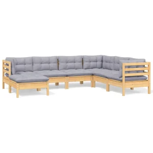 7-delige Loungeset met grijze kussens massief grenenhout 7-delige Loungeset met grijze kussens massief grenenhout