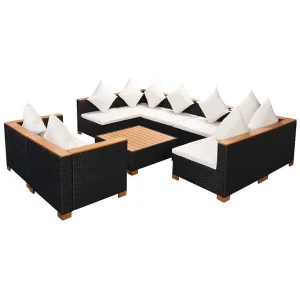 9-delige Loungeset met kussens poly rattan zwart 9-delige Loungeset met kussens poly rattan zwart
