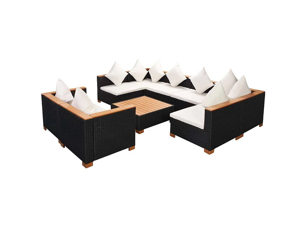 9-delige Loungeset met kussens poly rattan zwart