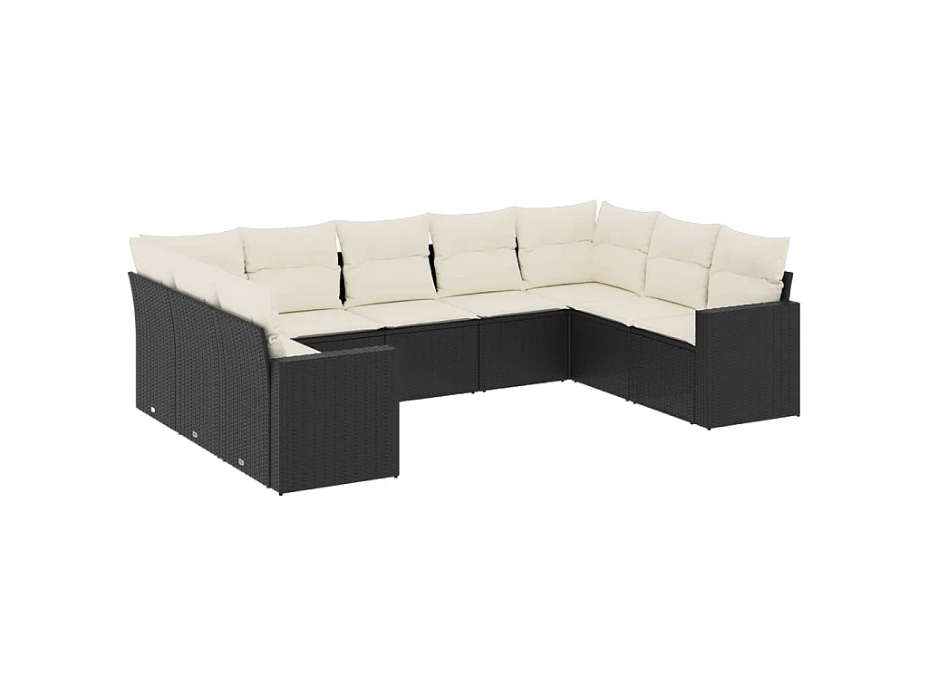 9-delige Loungeset met kussens poly rattan zwart