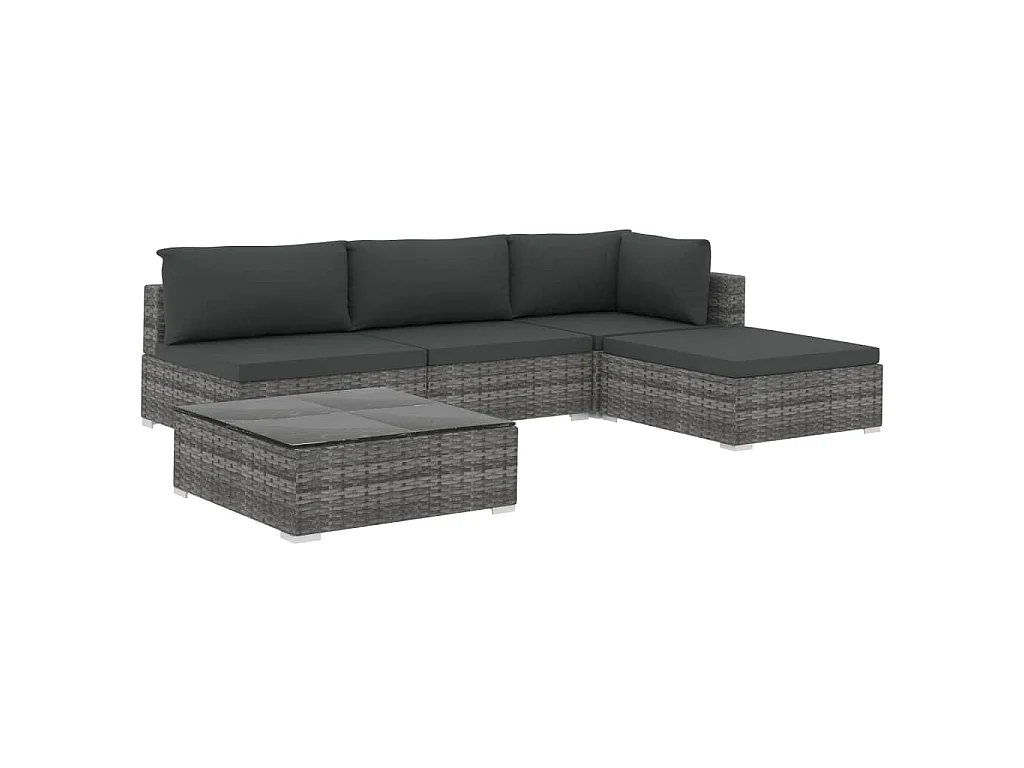 5-delige Loungeset met kussens poly rattan grijs