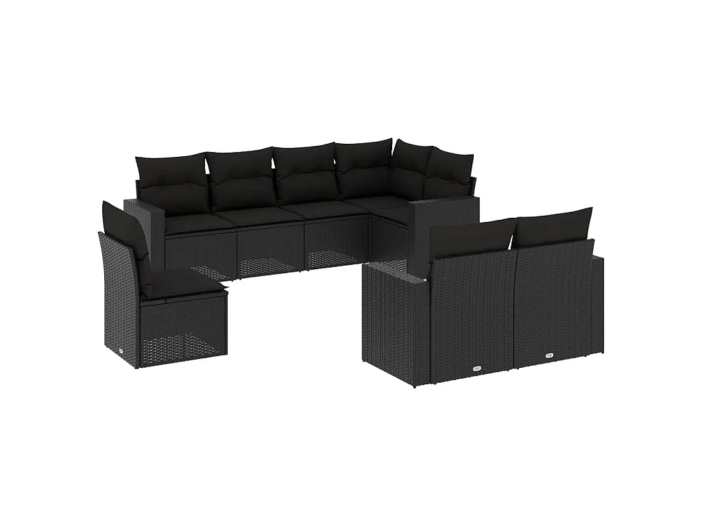 8-delige Loungeset met kussens poly rattan zwart