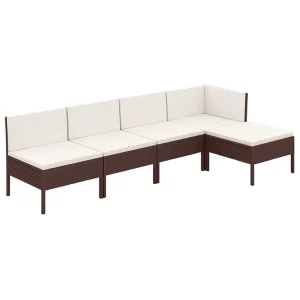 5-delige Loungeset met kussens poly rattan bruin