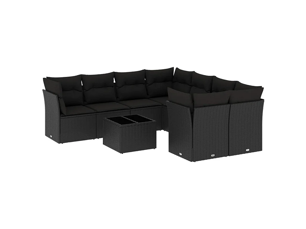 9-delige Loungeset met kussens poly rattan zwart