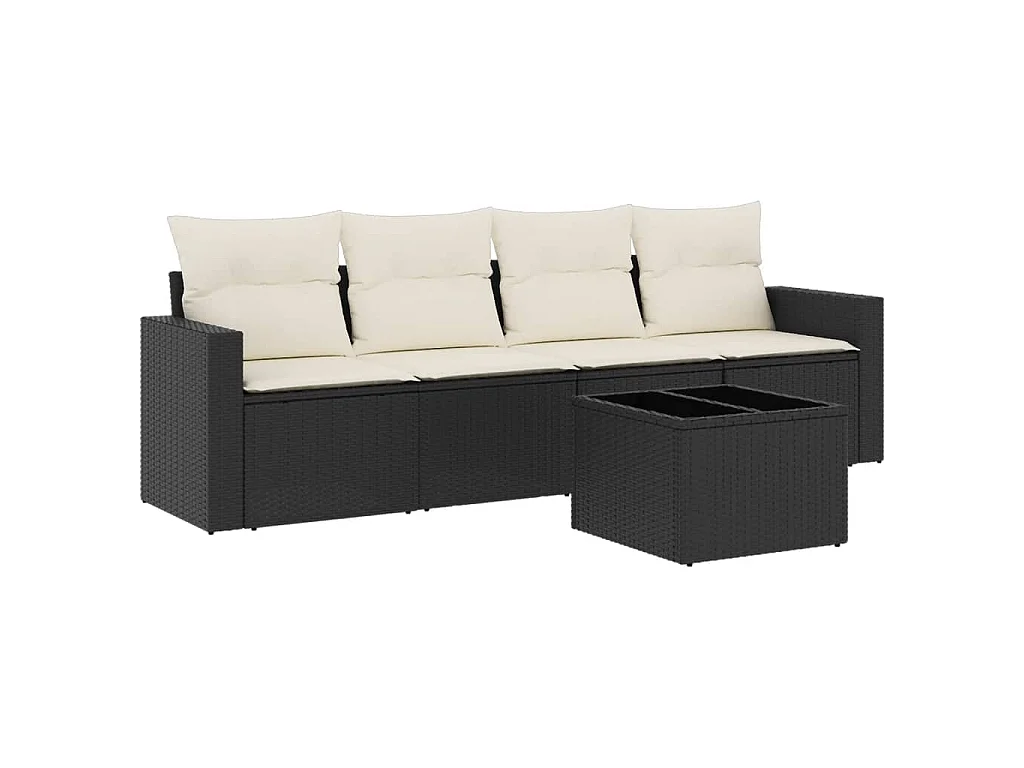 5-delige Loungeset met kussens poly rattan zwart