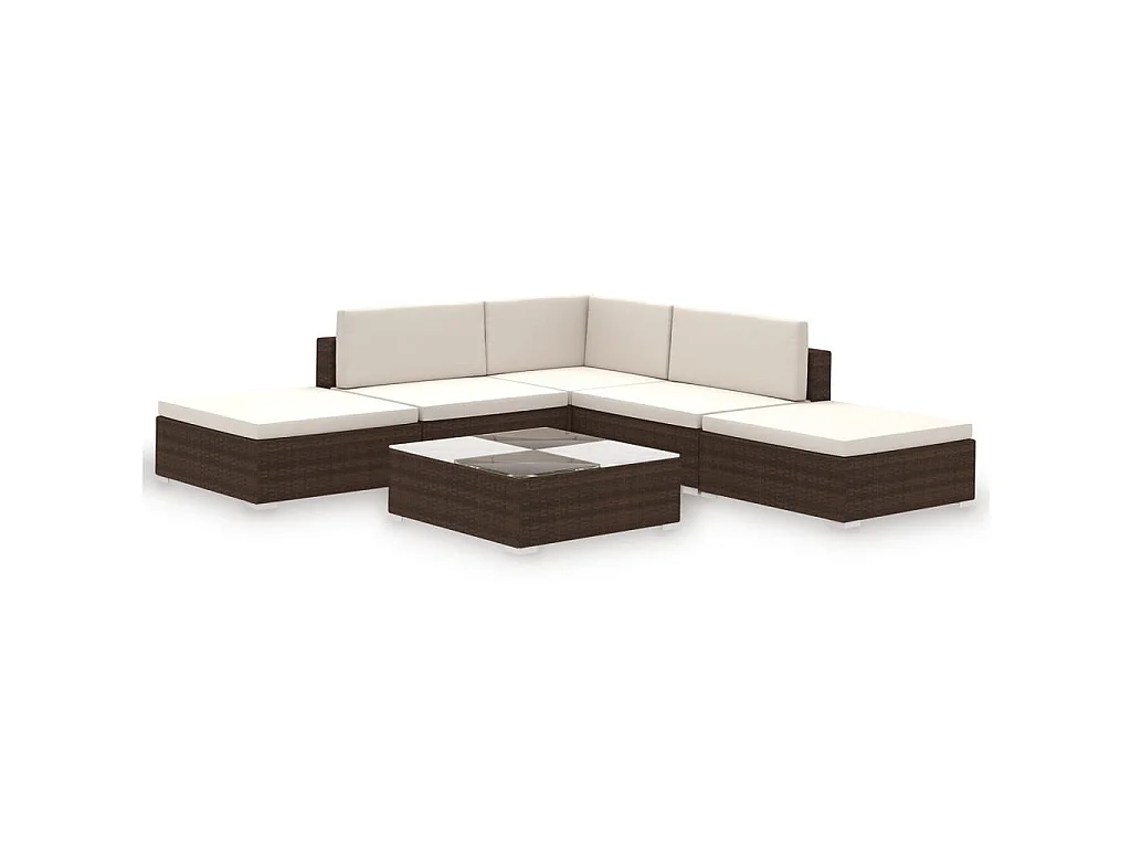 6-delige Loungeset met kussens poly rattan bruin
