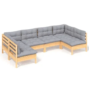 6-delige Loungeset met grijze kussens massief grenenhout 6-delige Loungeset met grijze kussens massief grenenhout