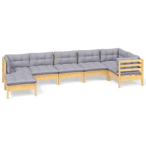 7-delige Loungeset met grijze kussens massief grenenhout 7-delige Loungeset met grijze kussens massief grenenhout