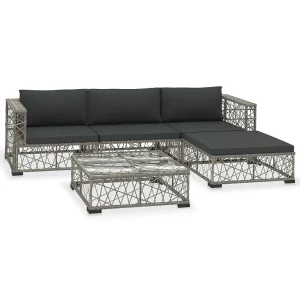5-delige Loungeset met kussens poly rattan grijs