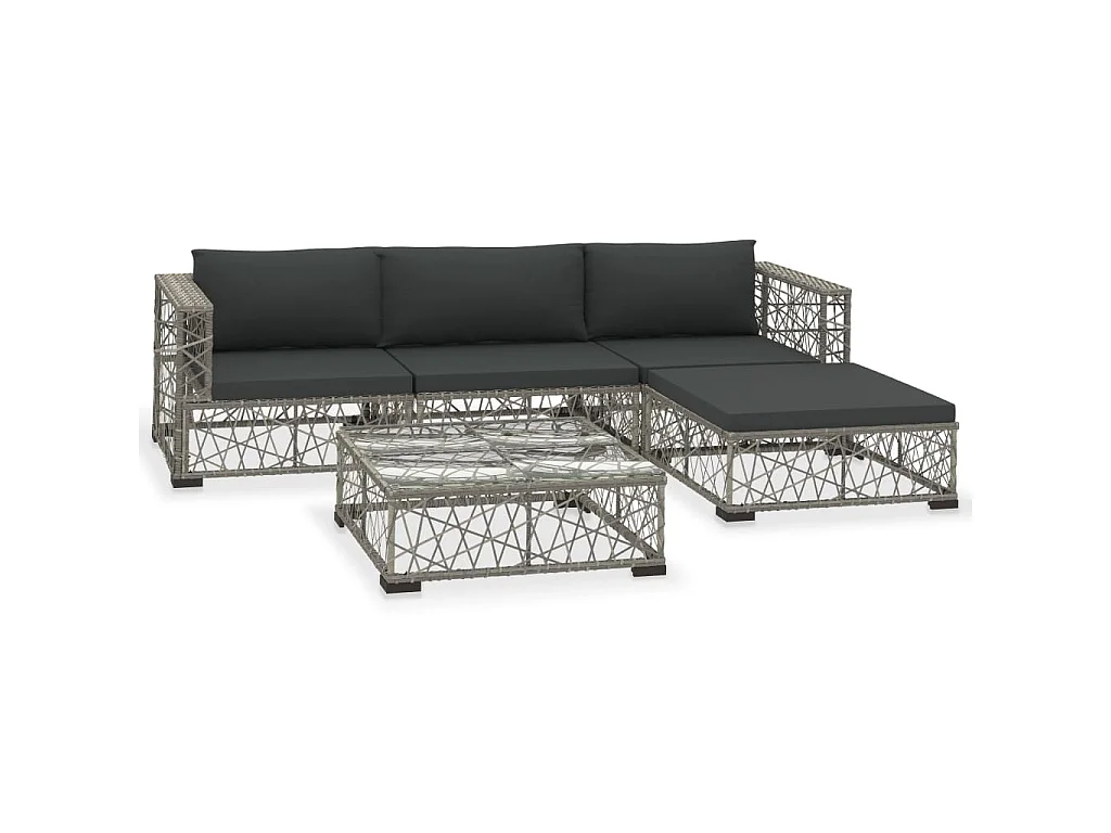 5-delige Loungeset met kussens poly rattan grijs