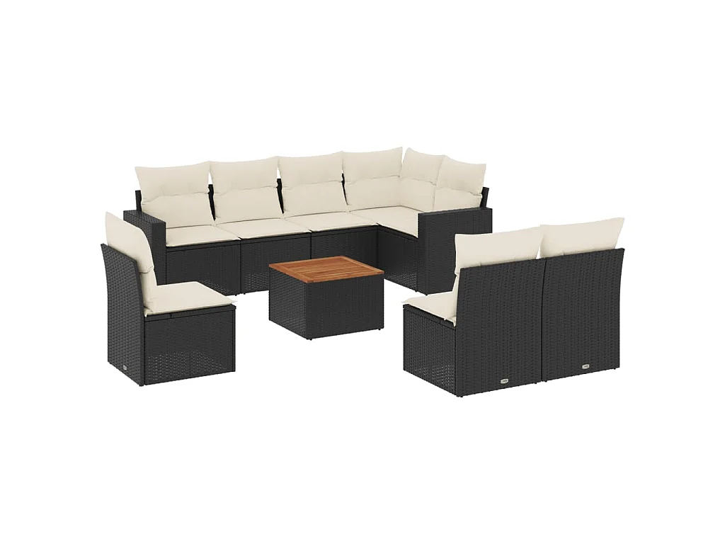 9-delige Loungeset met kussens poly rattan zwart