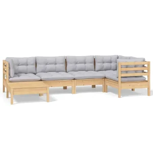 6-delige Loungeset met grijze kussens massief grenenhout 6-delige Loungeset met grijze kussens massief grenenhout