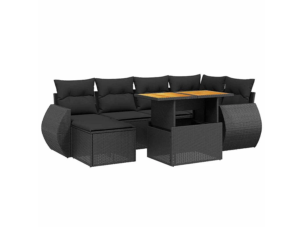7-delige Loungeset met kussens poly rattan zwart