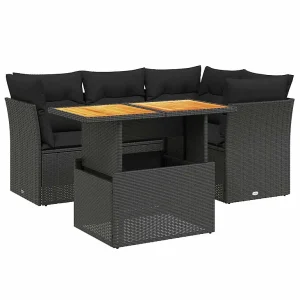 5-delige Loungeset met kussens poly rattan zwart 5-delige Loungeset met kussens poly rattan zwart