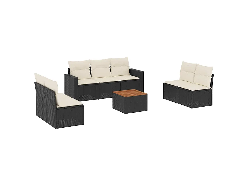 8-delige Loungeset met kussens poly rattan zwart