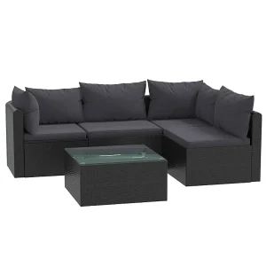5-delige Loungeset met kussens poly rattan zwart