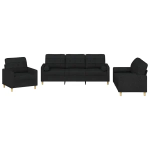 3-delige Loungeset met kussens stof zwart 3-delige Loungeset met kussens stof zwart