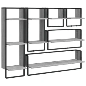 6-delige Wandschappenset met stangen bewerkt hout grijs sonoma 6-delige Wandschappenset met stangen bewerkt hout grijs sonoma