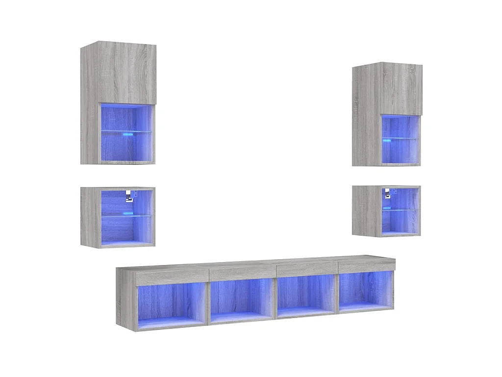 8-delige Tv-wandmeubelset met LED bewerkt hout grijs sonoma