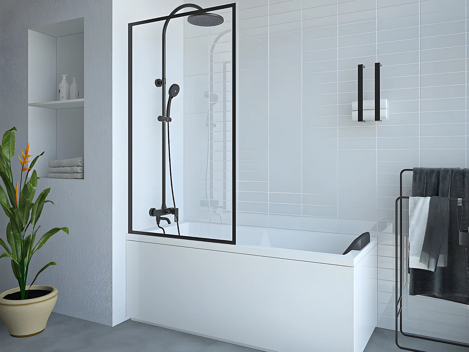 Badscherm in industriële stijl zwart mat - 70 x 140 cm - Gehard glas - BRADENTON - Koop nu
