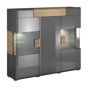 3-deurs 1-lades hoge ladekast met LED Jules Grijs en Hout 3-deurs 1-lades hoge ladekast met LED Jules Grijs en Hout