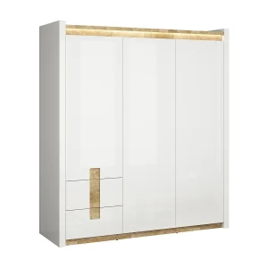 3-deurs kledingkast met LED Helios Wit lak en Hout 3-deurs kledingkast met LED Helios Wit lak en Hout