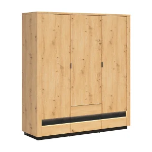 3-deurs kledingkast met 2 lades en LED Glenn Hout en Zwart 3-deurs kledingkast met 2 lades en LED Glenn Hout en Zwart